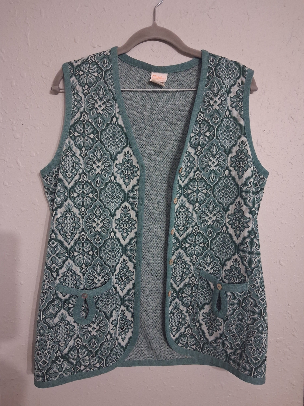 Vintage 70s Catalina sweater knit vest geometric sports swim groovy teal large